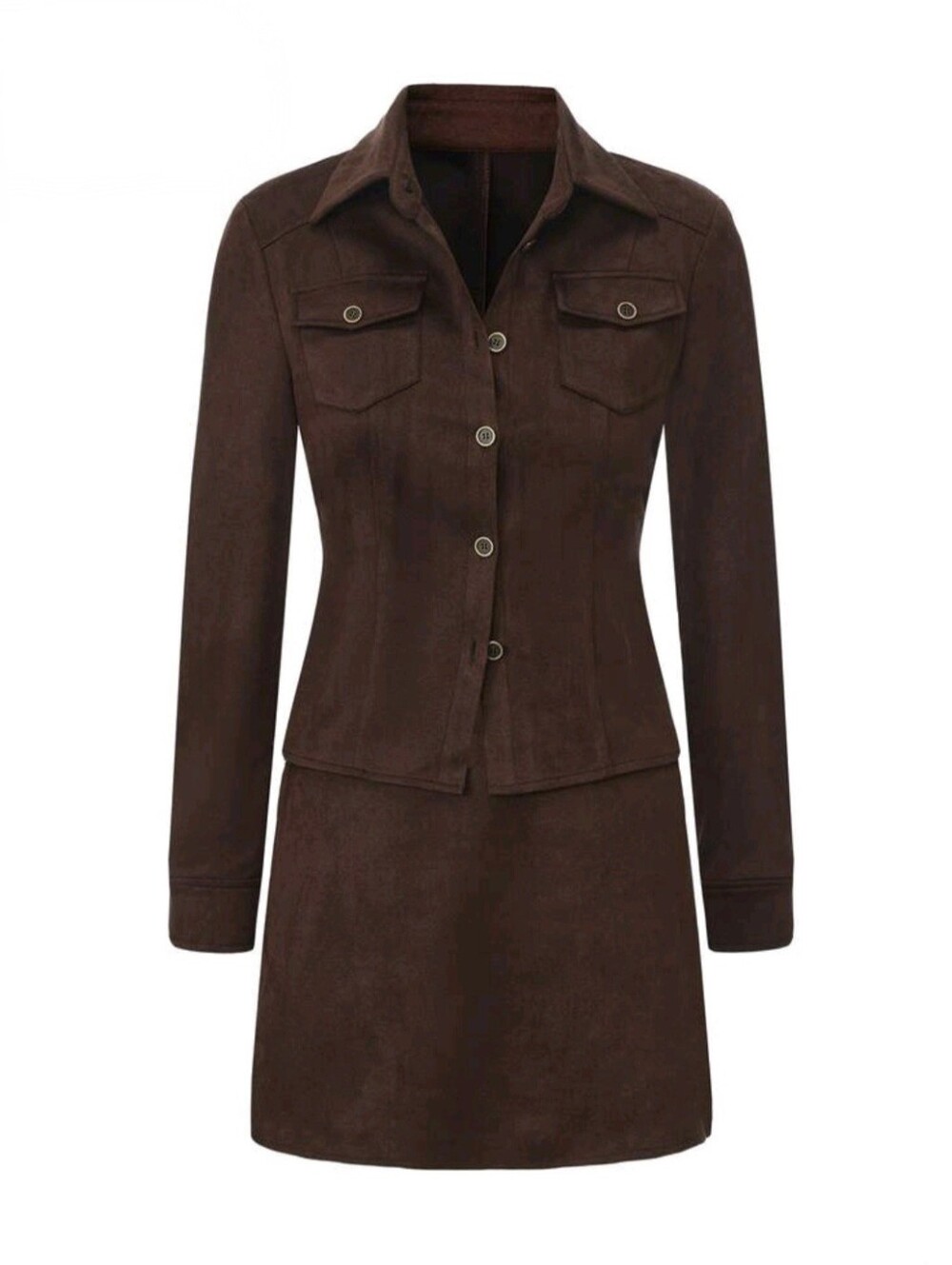Brown Suede 2-Piece Set, Lapel Pocket Fitted Long Sleeve Top & A-Line Mini Skirt - Picture 8 of 9